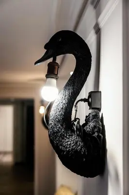 a black swan hanging from a light fixture at MZ Kolonaki Hills in Athens