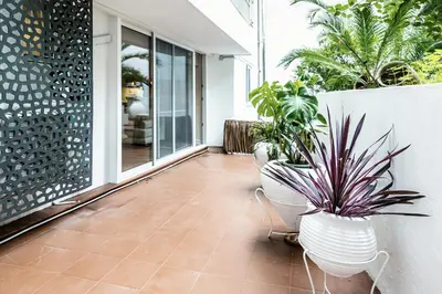 a balcony with two plants in white pots at MZ Kolonaki Hills in Athens