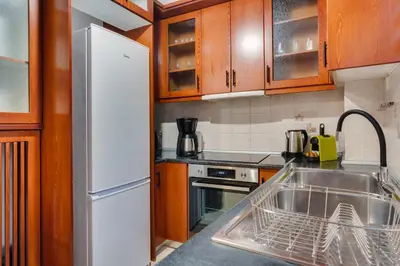 a kitchen with a sink and a white refrigerator at Stefanos flat in the heart of Koukaki 2BD in Athens