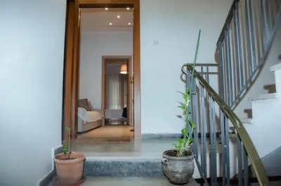 a hallway with two potted plants and a staircase at Marina's Sweet Home in Athens