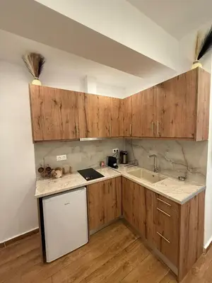 a kitchen with wooden cabinets and a sink at ATH Cozy Studio in Athens