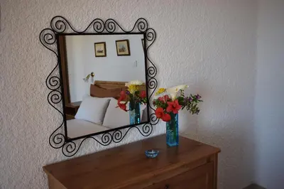 a mirror on a wall with flowers in vases on a table at Eriketi Studios in Agia Marina Aegina