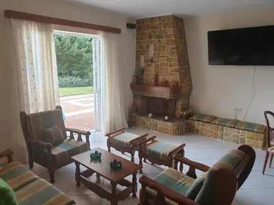 a living room with a couch and a fireplace at Villa Leonidas in Anavissos