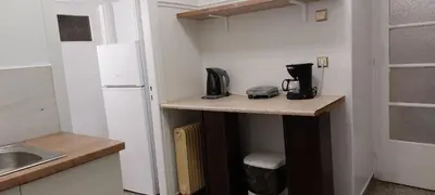 a small kitchen with a counter and a refrigerator at Camellia Apartment ATHENS CENTER 5BD, 2 BATHS in Athens