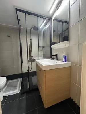 a bathroom with a sink and a shower at Nelly's Athens Apartments in Athens