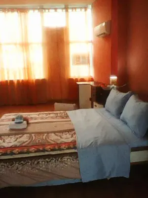 a bedroom with a large bed with blue pillows at Duffy Duck apartment athens in Athens