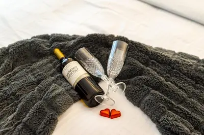 a bottle of wine on a blanket on a bed at Elegant Aphrodite, 2 Bedroom Apartment, by Acropolin in Athens