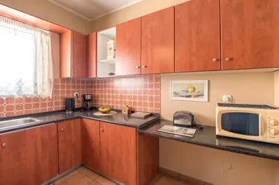 a kitchen with wooden cabinets and a microwave at In the Heart of the Port Area in Piraeus