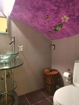 a bathroom with a purple ceiling with butterflies on it at Emily's house in Athens