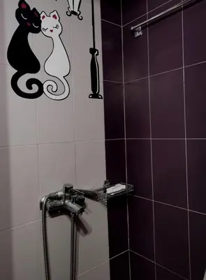 a bathroom with a shower with two cats on the wall at Emily's house in Athens
