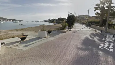 a brick walkway with potted plants on it next to the water at Home by the Sea in Porto Rafti in Porto Rafti