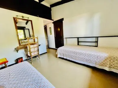 a bedroom with two beds and a mirror on the wall at Villa Pharaoh Private Pool Near the Beach in Porto Rafti