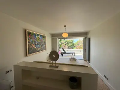 a room with a desk with a window and a chair at VILLA LAGUNA BLUE - Kavouri Vouliagmeni BEACH FRONT in Athens