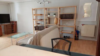 a room with a bed and a glass table and shelves at COZY Apt BY THE SEA AT VOULIAGMENI in Athens