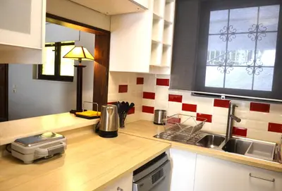 a kitchen with a sink and a counter top at COZY Apt BY THE SEA AT VOULIAGMENI in Athens