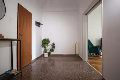 an empty hallway with a door and a potted plant at Acropolis Sunny Flat in Athens