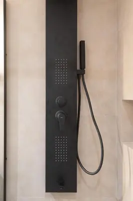 a black wall mounted shower with a hose at 