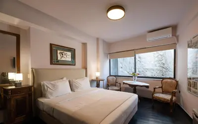 a hotel room with a bed and a window at The Acropolis Mansion in Athens