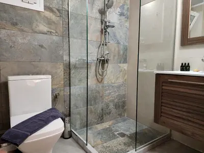 a bathroom with a shower with a toilet and a sink at Emerald House Rooftop & Stylish Apartments In Central Athens in Athens
