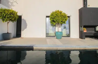 two potted trees sitting on a patio next to a pool at Bunny Island Exquisite Villas in Lagonissi