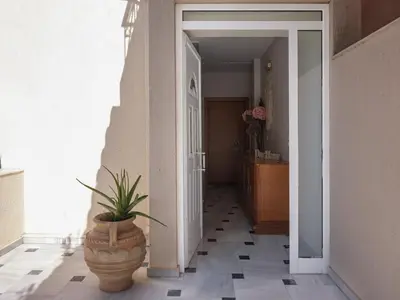 a hallway with a potted plant and a door at Evi's Voula Home in Athens