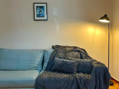 a living room with a blue couch with a blanket at Cozy apartment in Athens in Athens