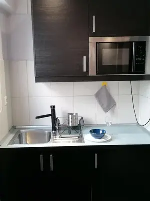 a kitchen with a sink and a microwave at Penthouse! Best views Lycabetous & Parthenon ! EXARCHEIA in Athens