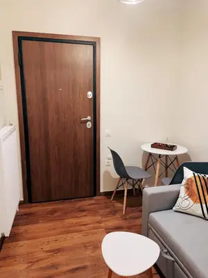 a living room with a couch and a wooden door at Bluebay Cozy Aparment 8 in Athens