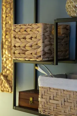 a basket on a shelf next to a mirror at 65m2 Apt 10 min on Foot From Acropolis in Athens