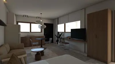 a living room with a couch and a tv at Pixie Studio Athens in Athens