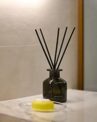 a black vase with sticks in it on a table at Margie Luxury suite in Athens