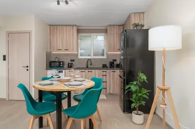 a kitchen with a table with chairs and a refrigerator at Palm & Spa in Barbaliáki