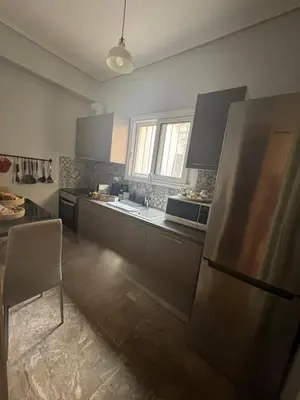 a kitchen with a stainless steel refrigerator and a sink at Cozy faliro in Piraeus
