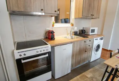 a small kitchen with a stove and a sink at Cozy Nest, One-Bedroom Flat in Athens
