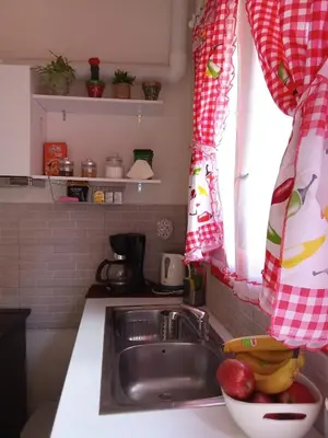 a kitchen sink with a bowl of fruit next to a window at The Happy Town House , 300m from the metro station in Athens