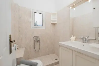 a bathroom with a shower and a toilet and a sink at Spacious house with seaview in Porto Rafti