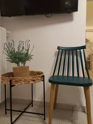 a blue chair and a table with a potted plant at Bella's apartment in Athens