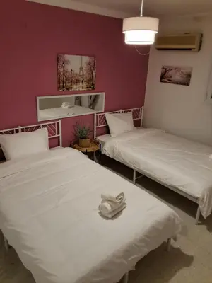 two beds in a room with purple walls at Bella's apartment in Athens