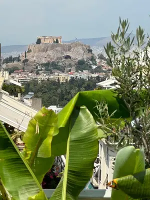 a view of the acropolis from behind a plant at AthensView Bird's Eye Penthouse with Acropolis view -ONE BEDROOM FLAT in Athens