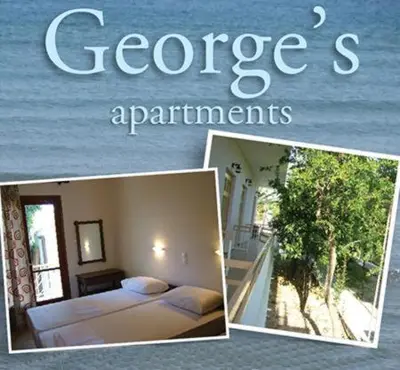 a collage of a room with two beds and the wordsgee apartments at George Apartments in Aegina Town