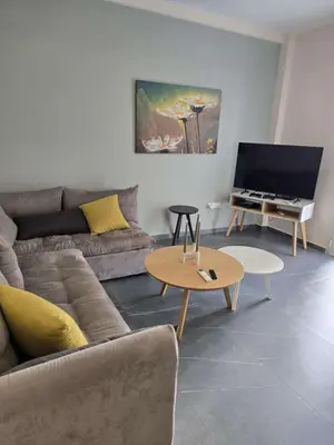 a living room with a couch and a flat screen tv at Nektaria philoxenia place in Athens