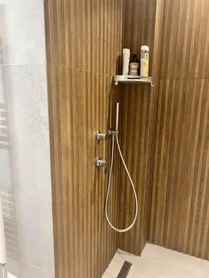 a shower in a bathroom with a wooden wall at Stylish & Cozy 1 BR in Lycabetus in Athens