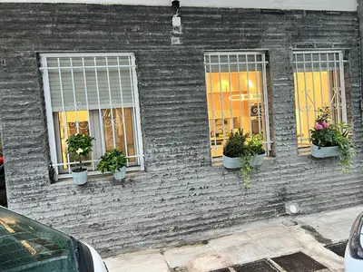 three windows with potted plants on a brick building at Stylish & Cozy 1 BR in Lycabetus in Athens