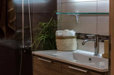 a bathroom with a sink and a plant at Athens Neos Kosmos 2BDR apt next to metro station in Athens