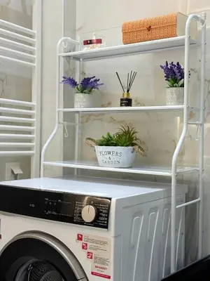 a washing machine on a shelf with flowers on it at Casa Marina in Athens