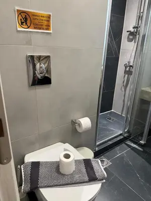 a bathroom with a toilet with a shower and a toilet paper at Modern Athens Apartment - Close to Metro in Athens
