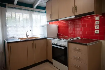 a kitchen with a stove and a red brick wall at Apartment Margarita in Athens