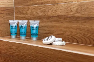 a shelf with three bottles of hair products on it at Defner Tzo's Modern Apartment in Athens