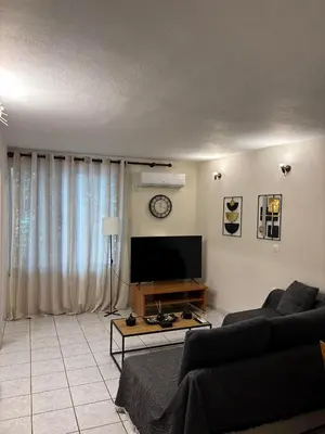 a living room with a couch and a flat screen tv at Cozy apartment by Athens in Athens