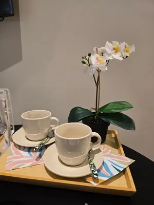 two cups and saucers on a wooden tray with a plant at Dream Home Apartment by Metro in Athens